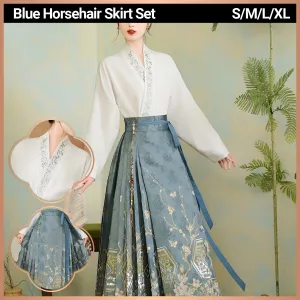 Blue Chinese Style Set with Embroidered Horseface Skirt