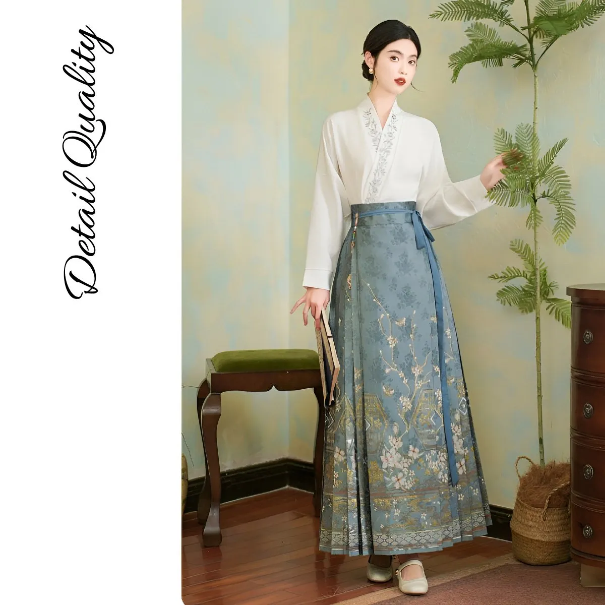 Blue Chinese Style Set with Embroidered Horseface Skirt