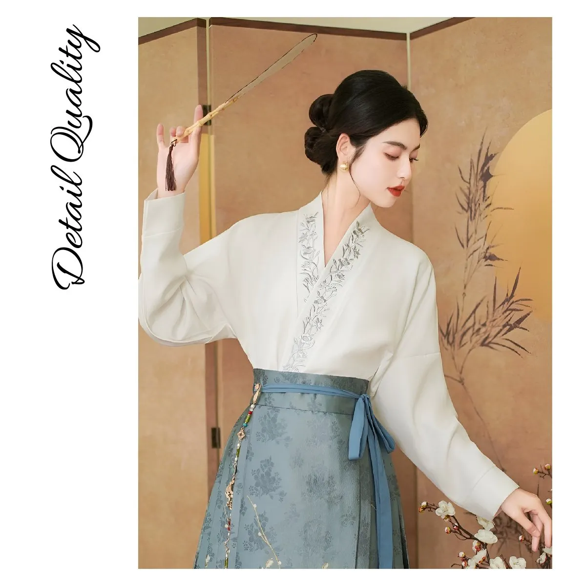 Blue Chinese Style Set with Embroidered Horseface Skirt