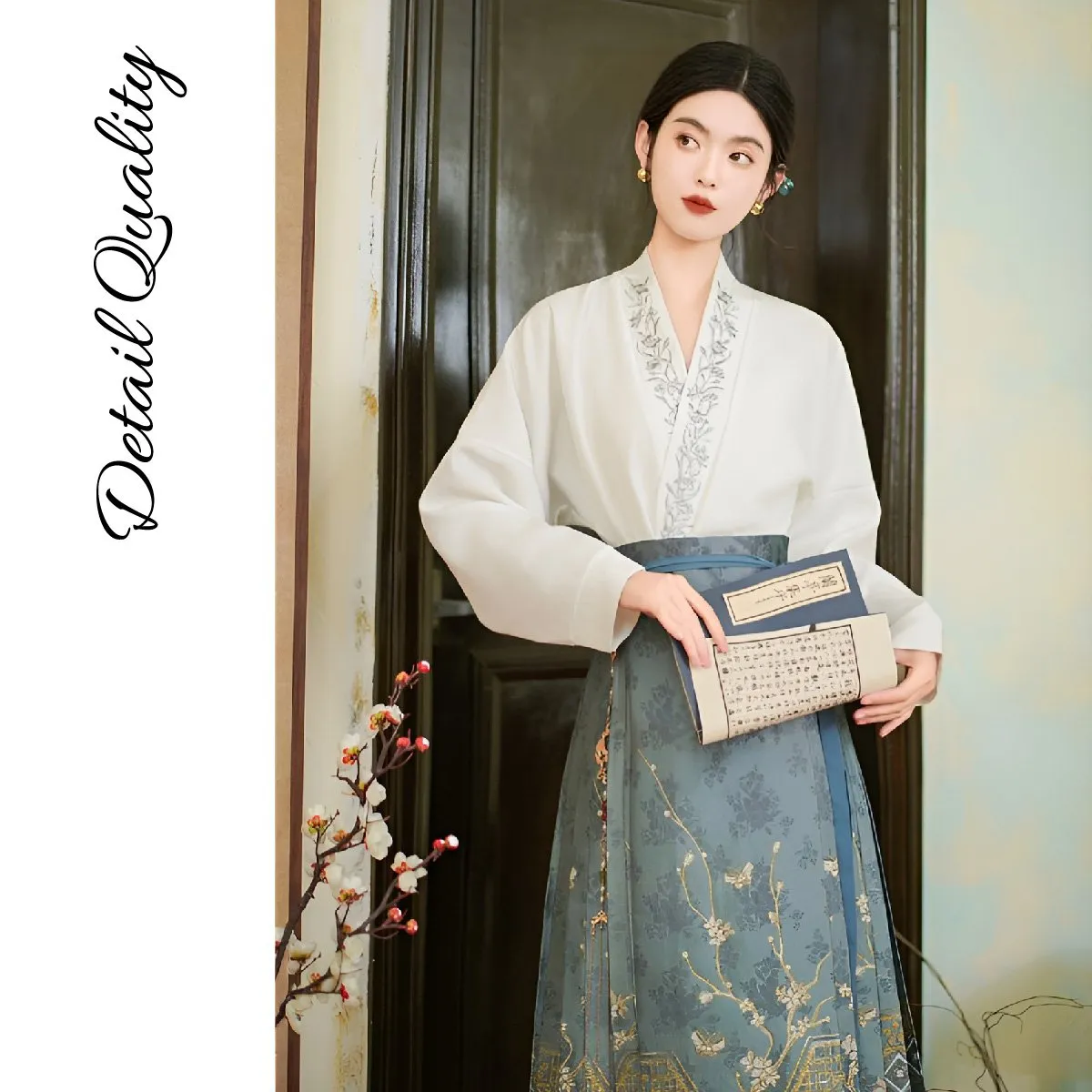 Blue Chinese Style Set with Embroidered Horseface Skirt