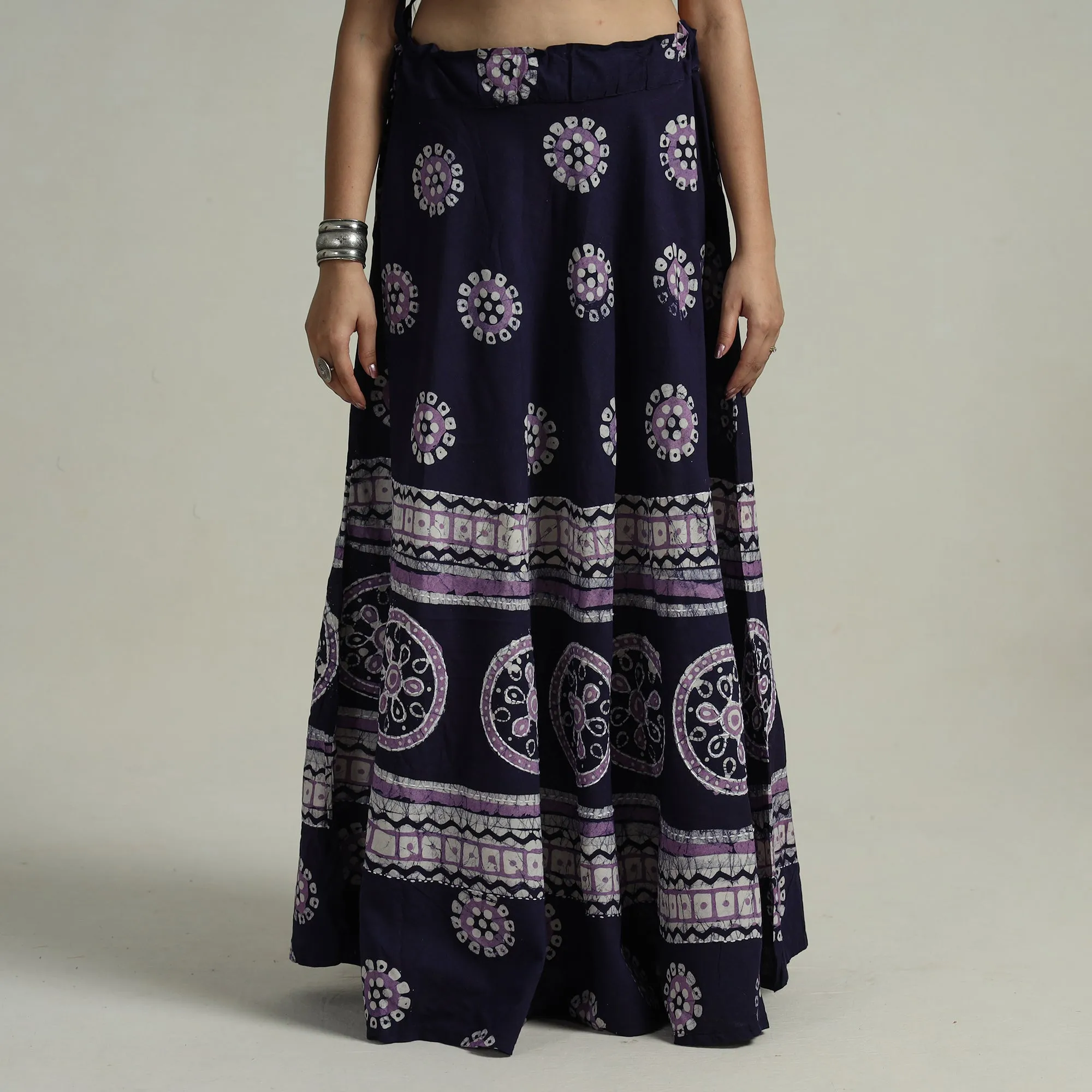 Blue - Hand Batik Printed Running Stitch Cotton Long Skirt 87