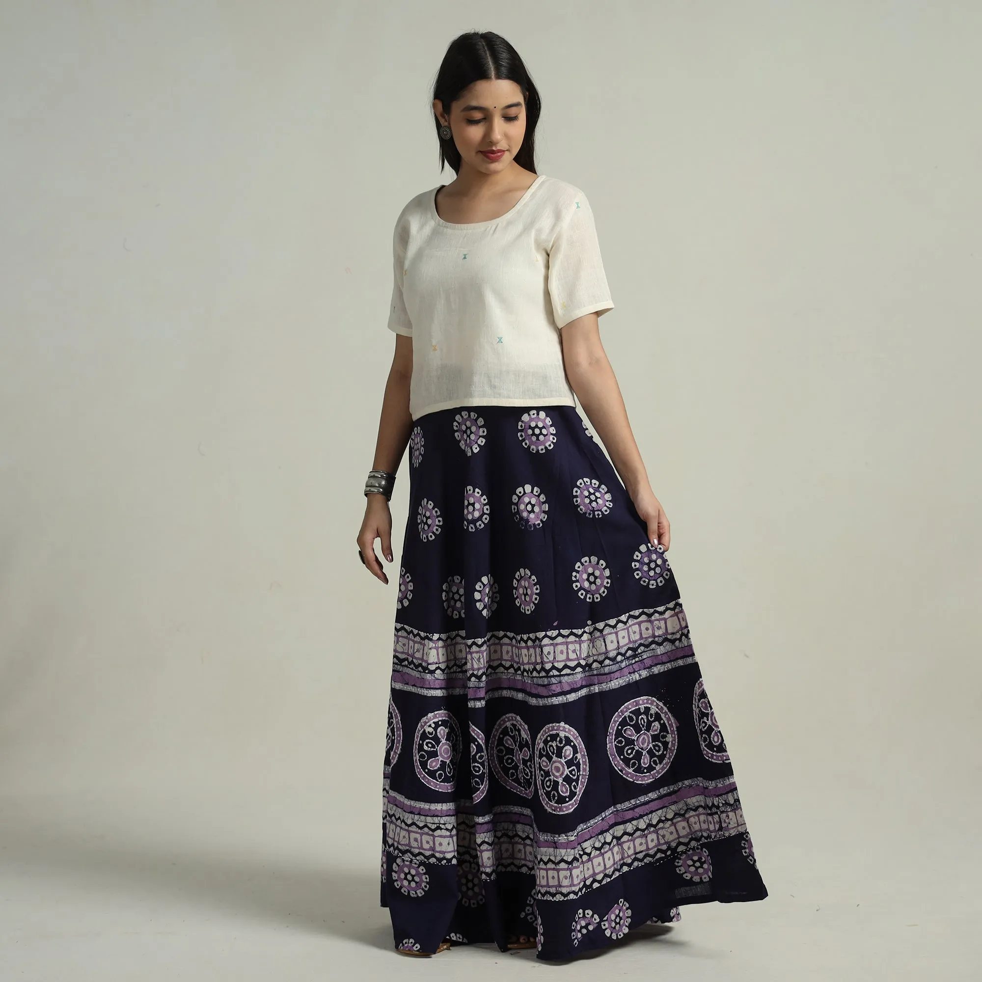 Blue - Hand Batik Printed Running Stitch Cotton Long Skirt 87