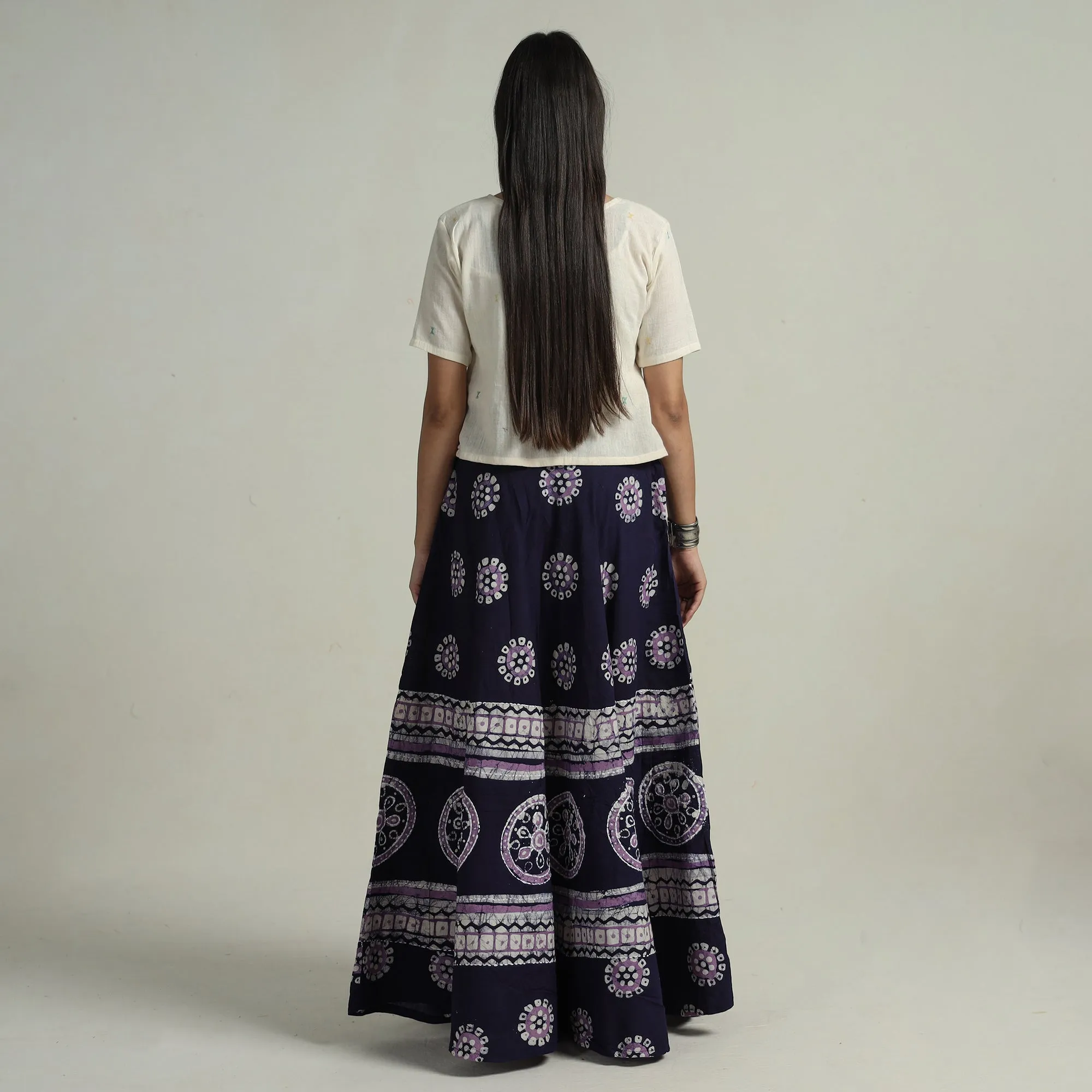 Blue - Hand Batik Printed Running Stitch Cotton Long Skirt 87