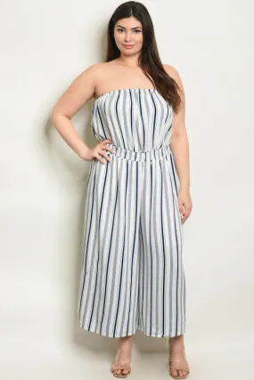 Blue Striped Strapless Plus Size Jumpsuit