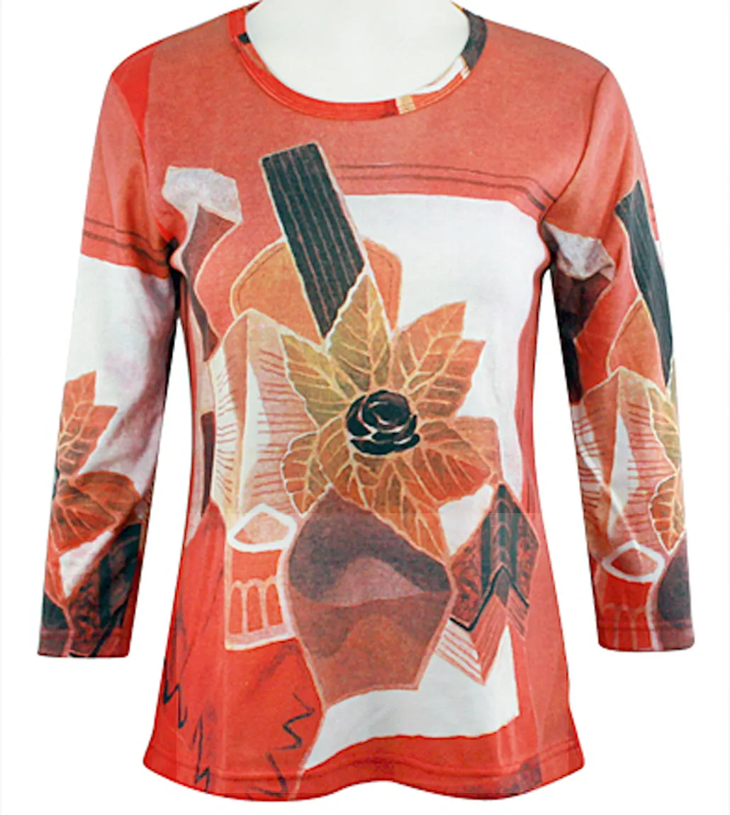 Breeke - Flower in Vase, Scoop Neck, Hand Silk Screened 3/4 Sleeve Art Top