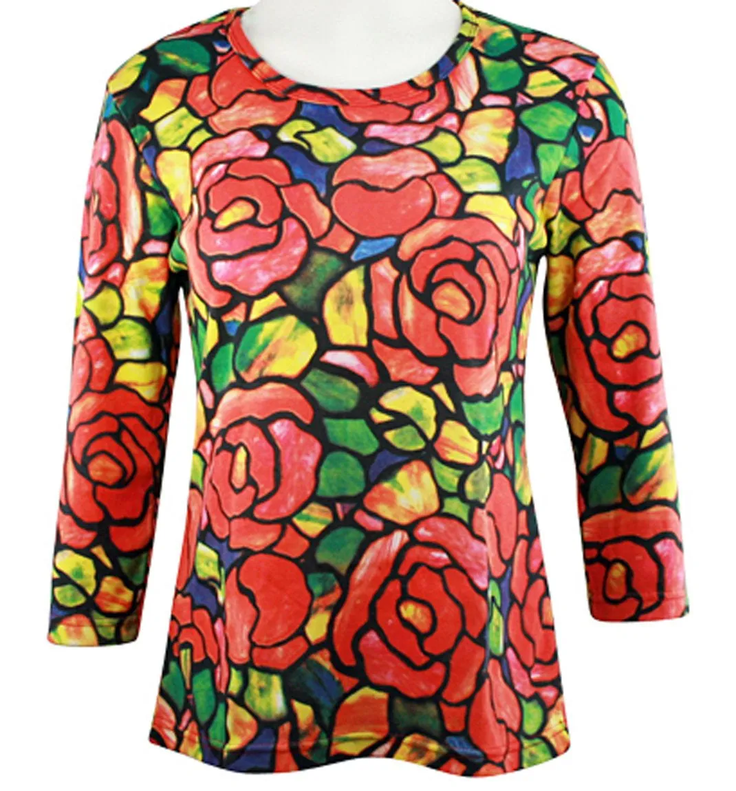 Breeke - Tiffany Rose, Scoop Neck, Hand Silk Screened 3/4 Sleeve Artistic Top