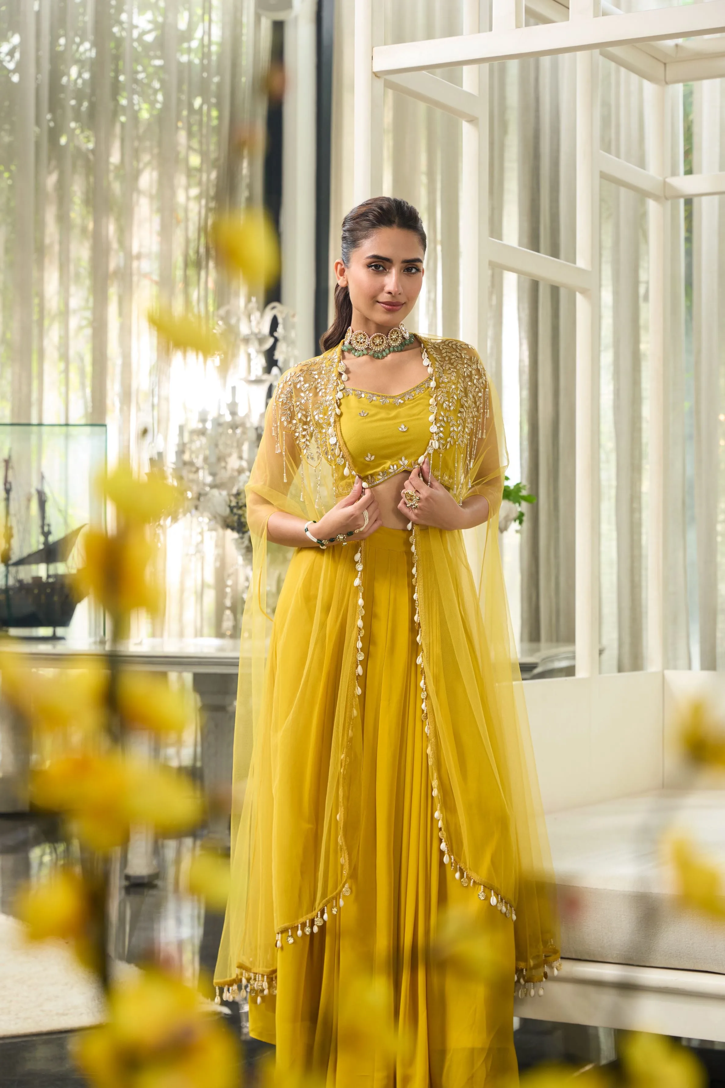 Bright Yellow Embellished Georgette Silk Cape Set