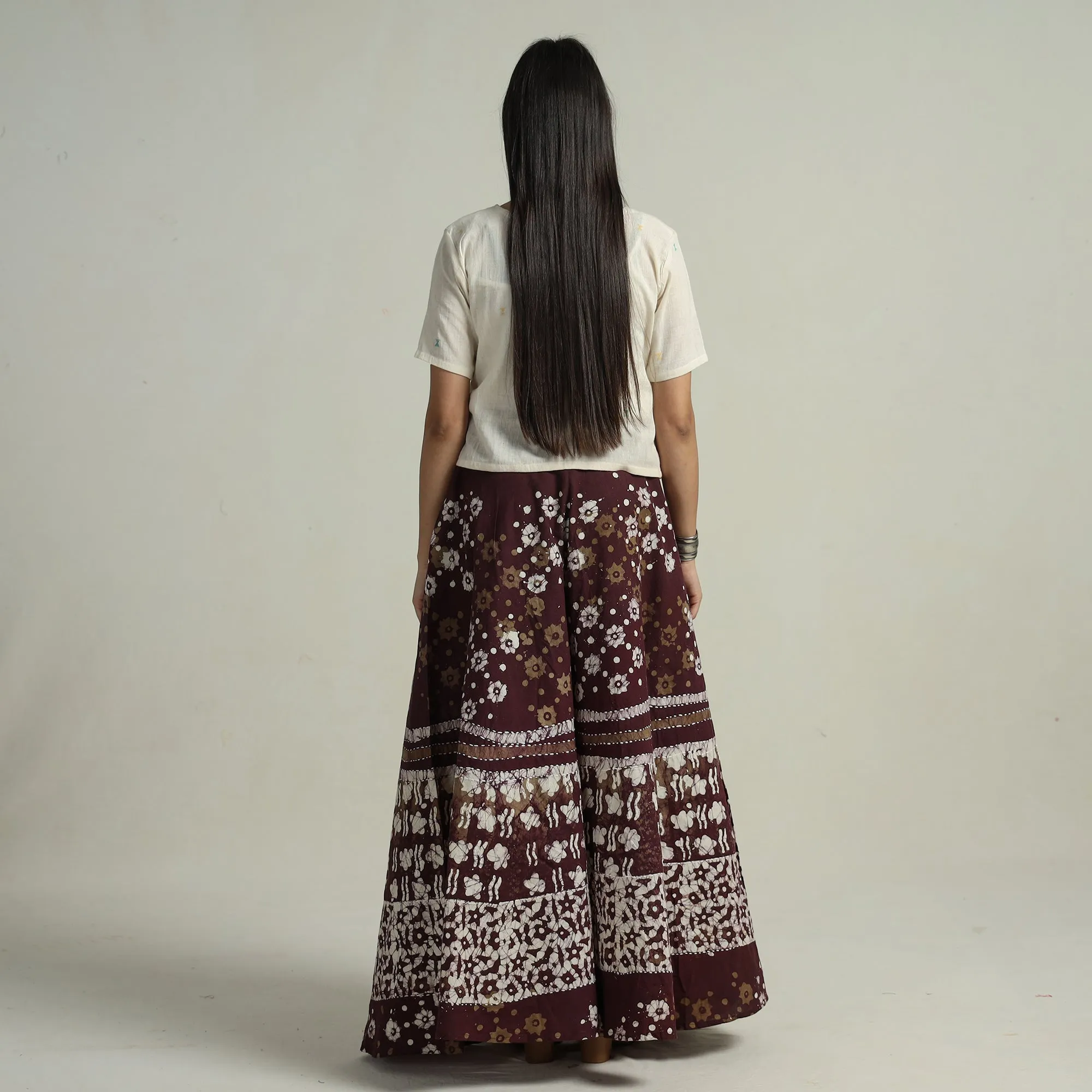 Brown - Batik Printed Running Stitch Cotton Long Skirt 124