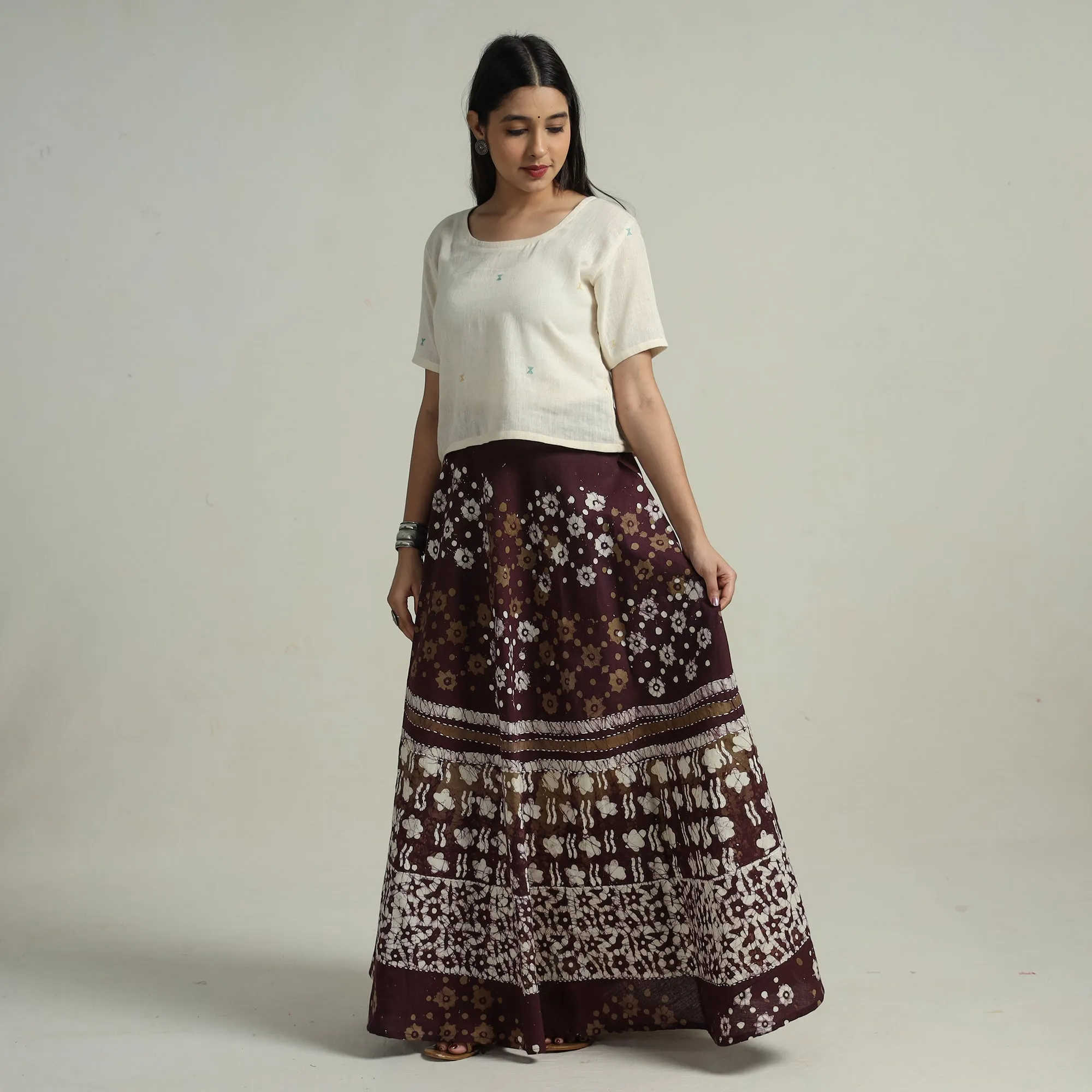 Brown - Batik Printed Running Stitch Cotton Long Skirt 124