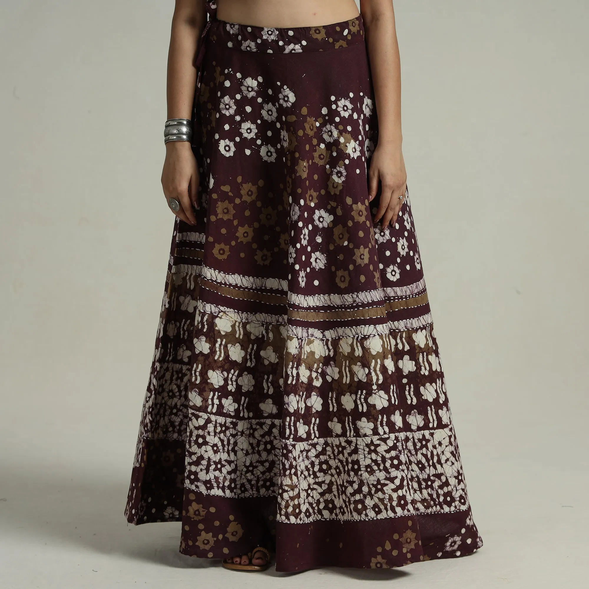 Brown - Batik Printed Running Stitch Cotton Long Skirt 124