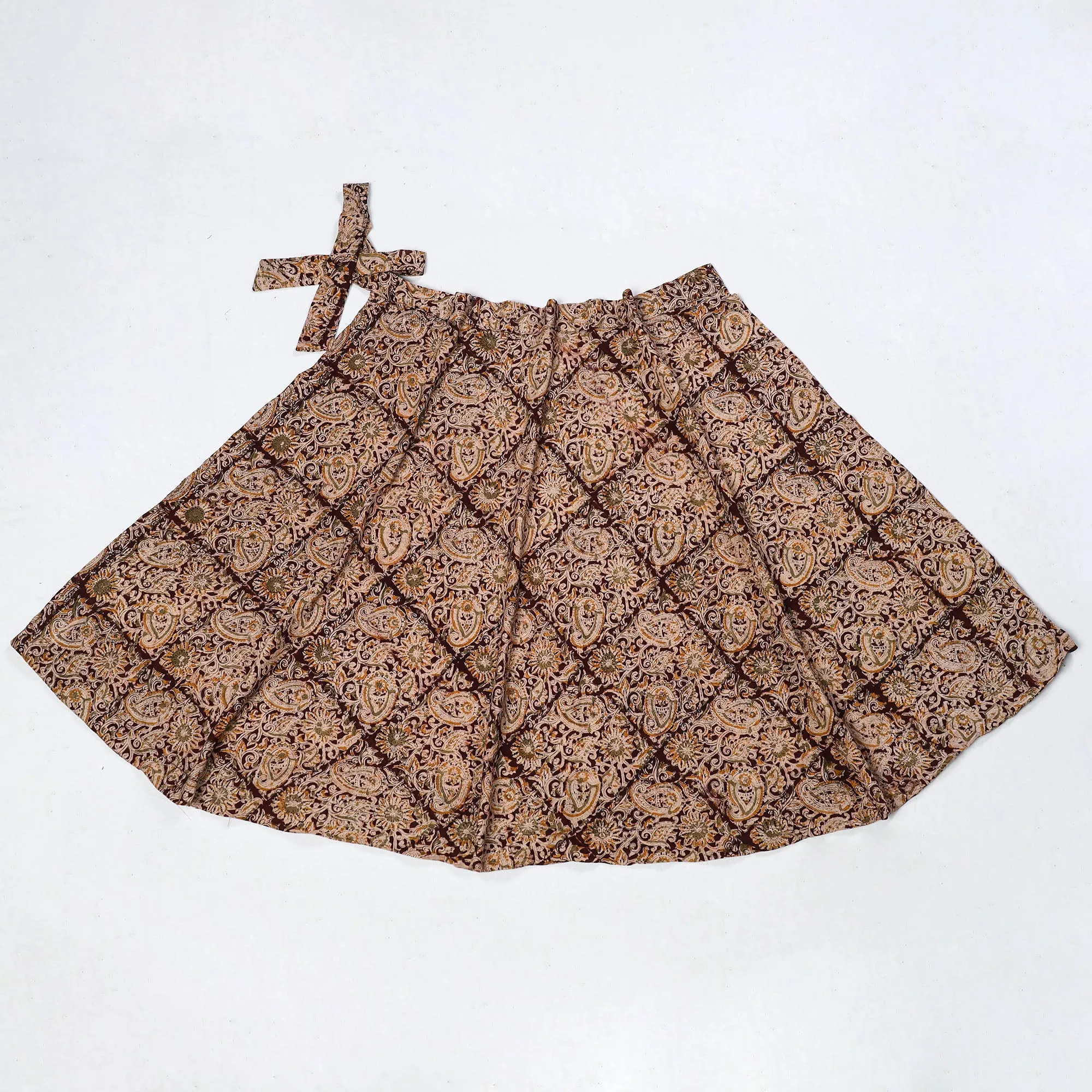 Brown - Kalamkari Block Printed Cotton Wrap Around Skirt 03