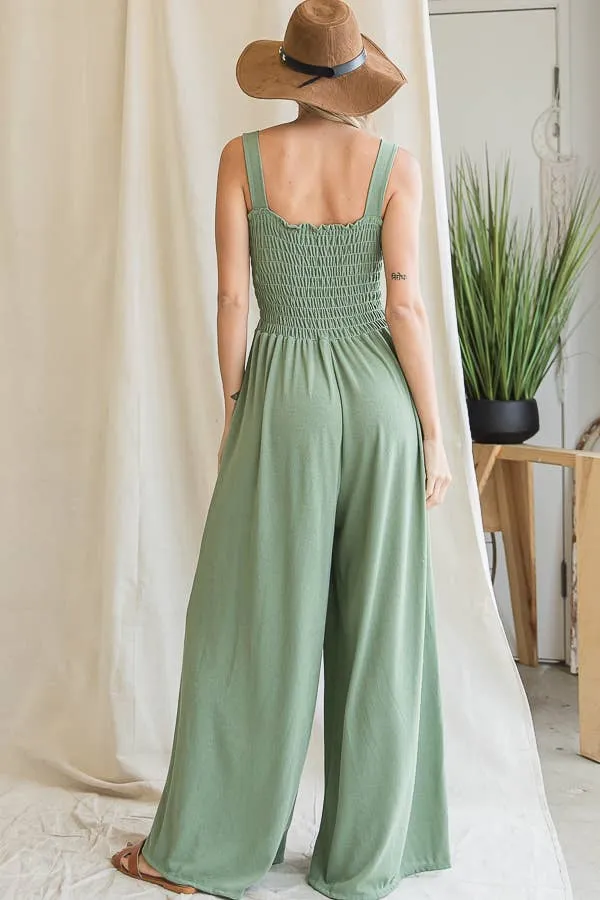 Bucketlist Smocked Bodice Solid Knit Jumpsuit