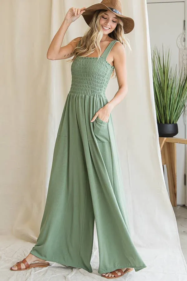 Bucketlist Smocked Bodice Solid Knit Jumpsuit