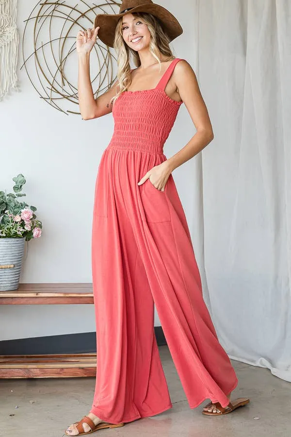 Bucketlist Smocked Bodice Solid Knit Jumpsuit