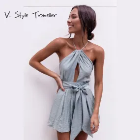 Casual Camis Playsuit Cut Out Sexy Bodysuit Women Shorts Boho Jumpsuit vestido Sash Tie Summer Style Halter Beach Resort Romper