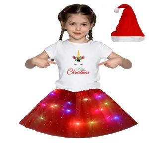 Christmas T_Shirt and Tutu Led Skirt with X-Mas Santa Cap Christmas Party Dress for Girls