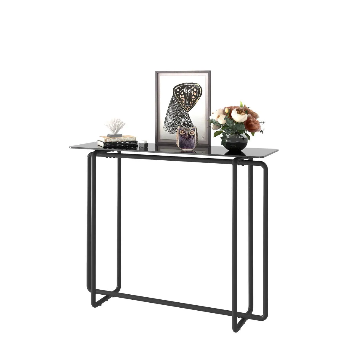 Console Table Single Layer Tempered Glass Rectangular Porch Table Black Leg Double Tempered Glass Tea Table