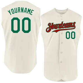 Custom Cream Kelly Green-Red Authentic Sleeveless Baseball Jersey