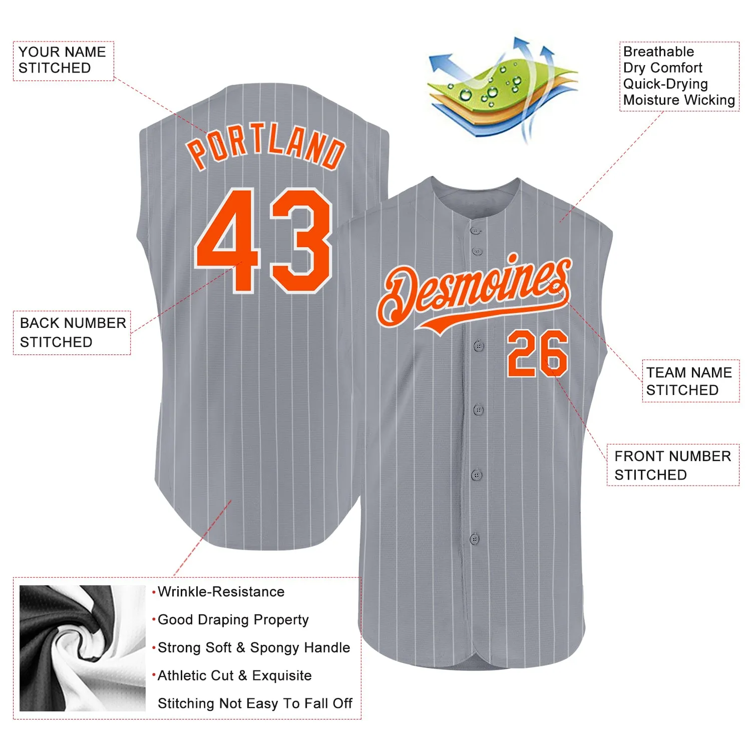 Custom Gray White Pinstripe Orange Authentic Sleeveless Baseball Jersey