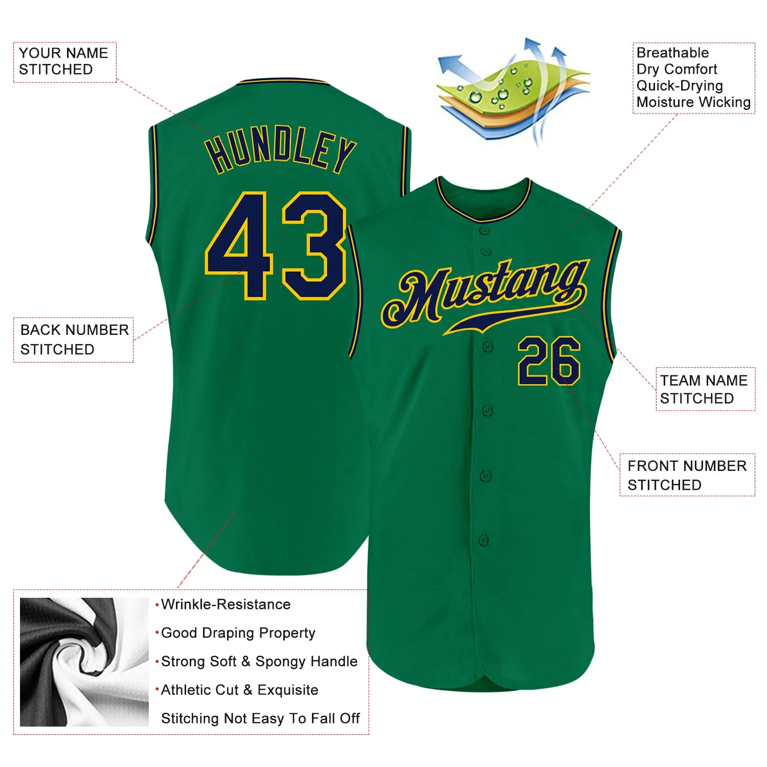 Custom Kelly Green Navy-Gold Authentic Sleeveless Baseball Jersey