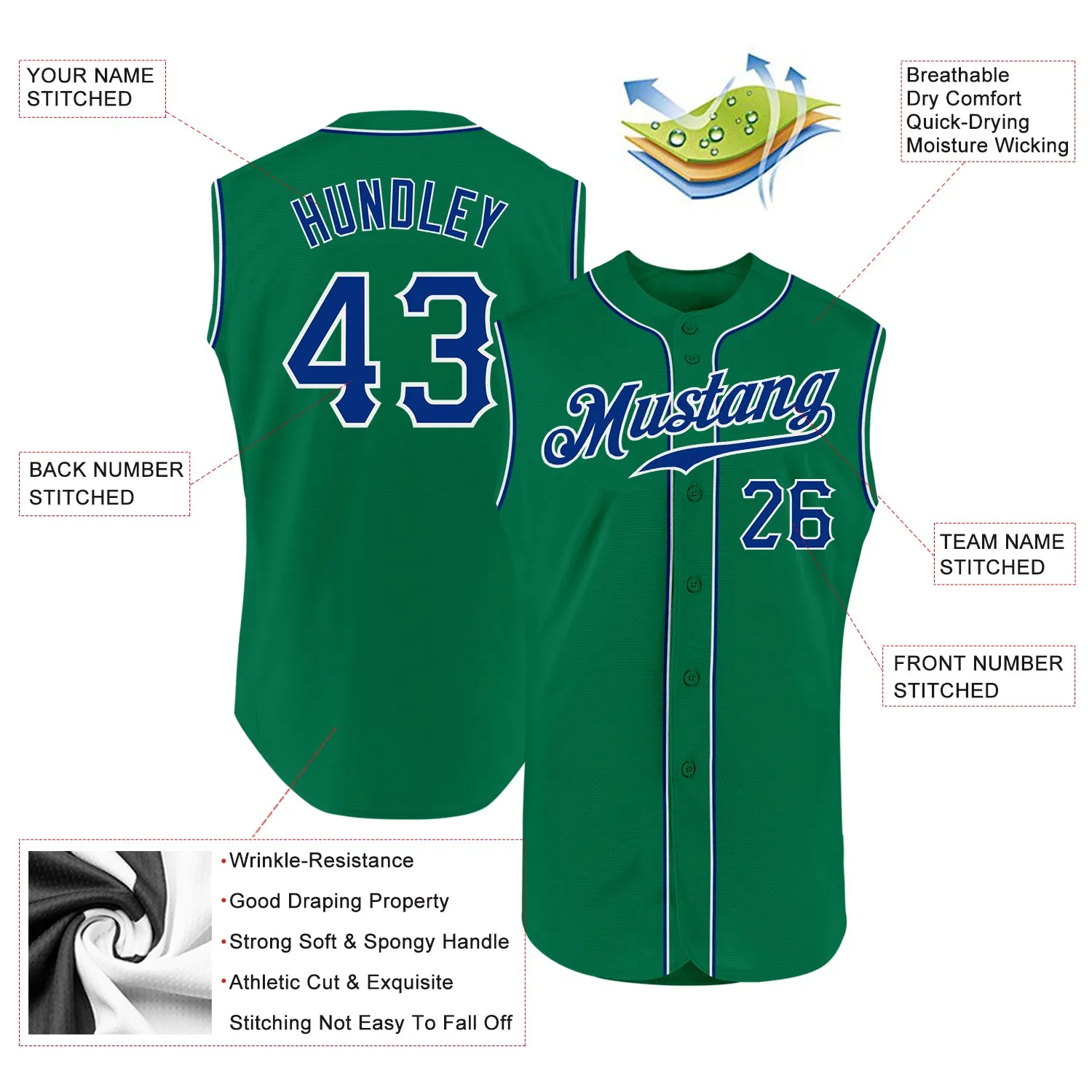 Custom Kelly Green Royal-White Authentic Sleeveless Baseball Jersey