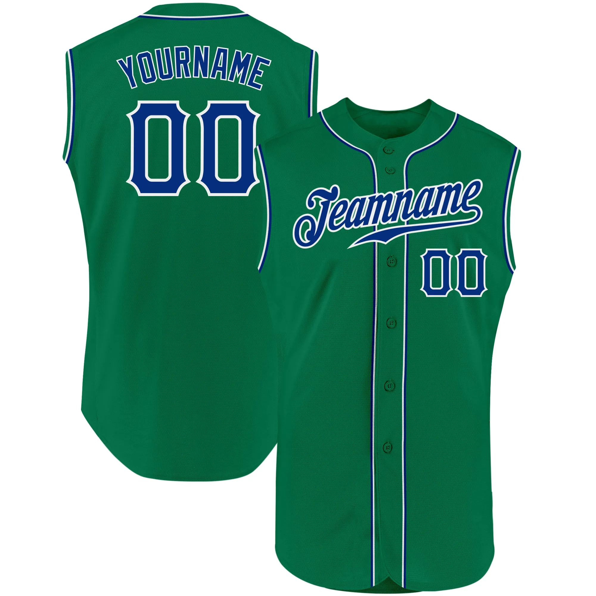 Custom Kelly Green Royal-White Authentic Sleeveless Baseball Jersey