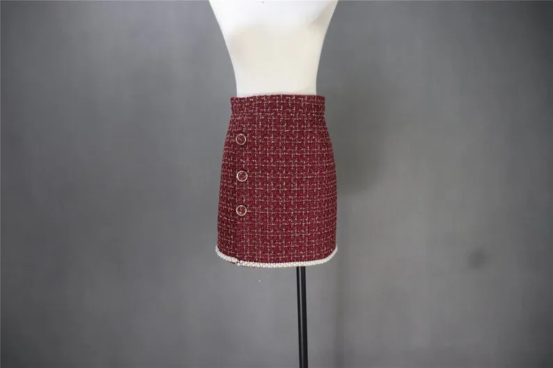 Custom Made Suit in Plus sizes Red Tweed Pearls Sparkle Blazer   Skirt