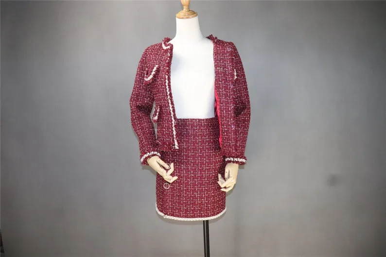 Custom Made Suit in Plus sizes Red Tweed Pearls Sparkle Blazer   Skirt