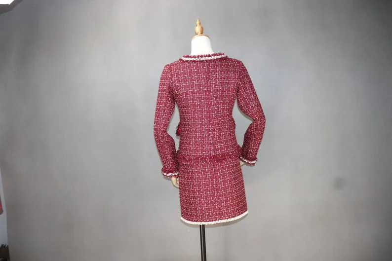 Custom Made Suit in Plus sizes Red Tweed Pearls Sparkle Blazer   Skirt