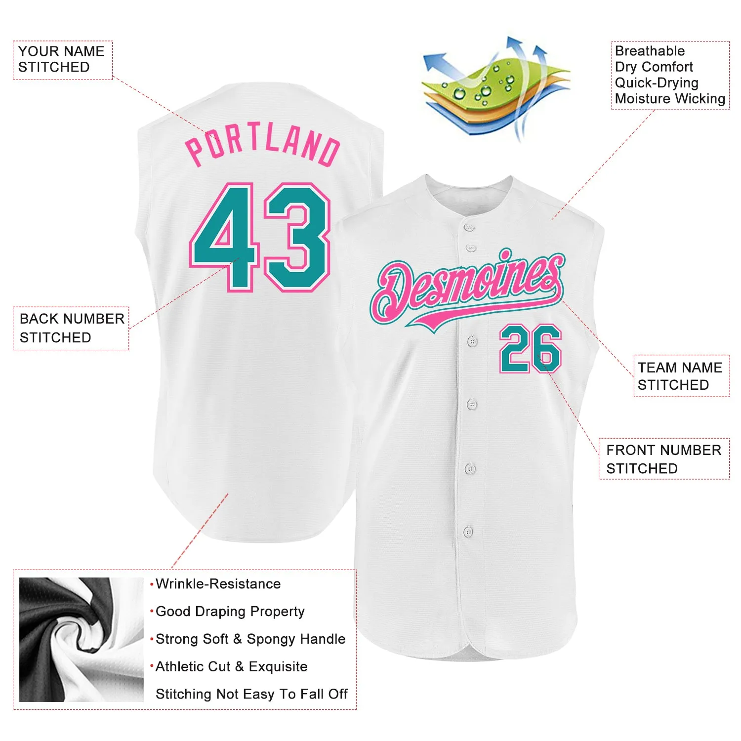 Custom White Teal-Pink Authentic Sleeveless Baseball Jersey