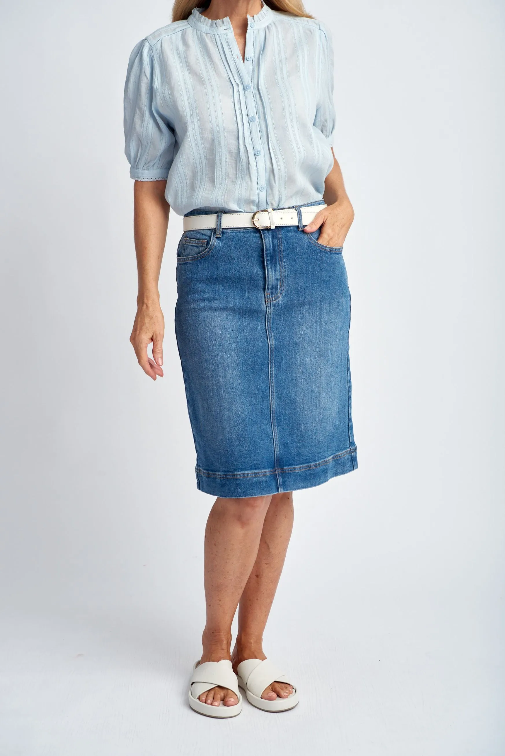 Denim Knee Length Skirt Light Blue