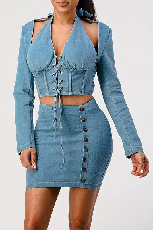 Denim top and skirt set