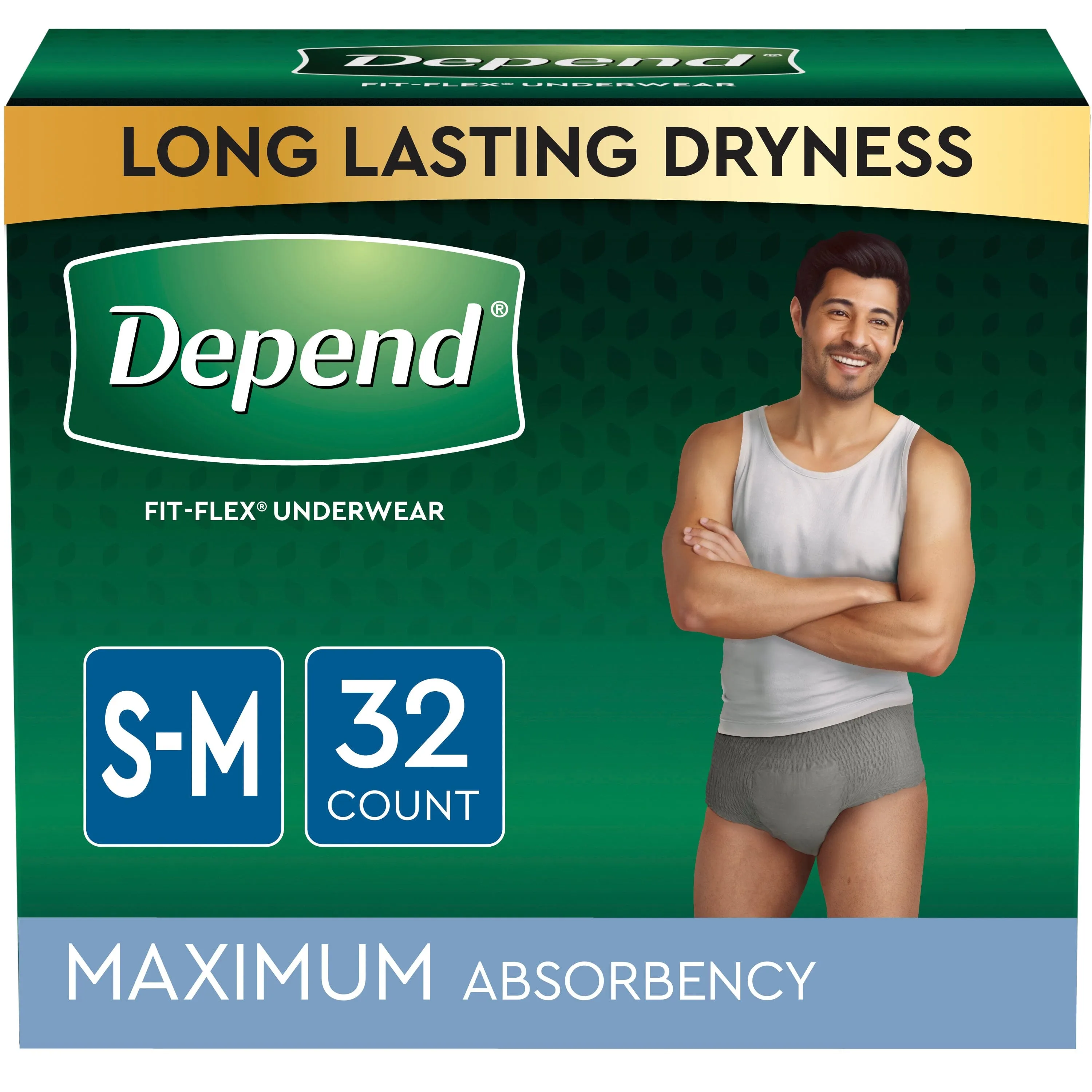 Depend FIT-FLEX Incontinence Underwear for Men, Maximum Absorbency, Small/Medium, Gray, 32 Count