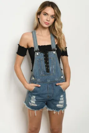 Distressed Denim Short Overalls