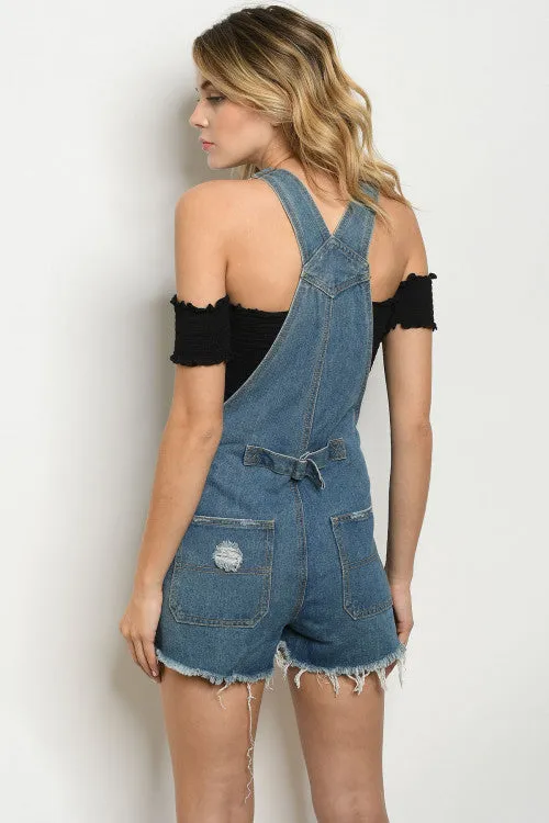 Distressed Denim Short Overalls