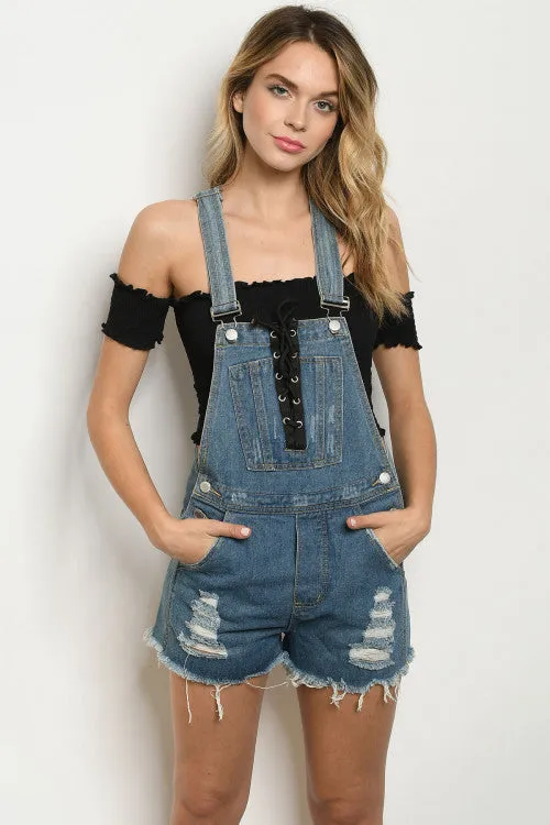 Distressed Denim Short Overalls