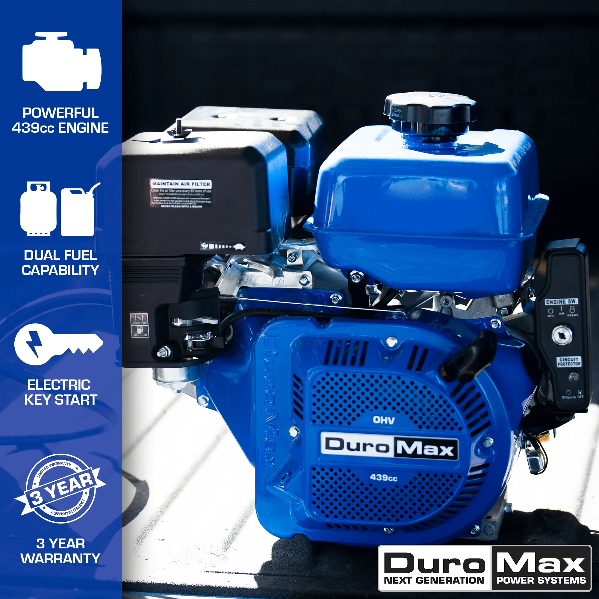 DuroMax XP18HPX 439cc 1" Shaft Recoil/Electric Start Horizontal Dual Fuel Engine