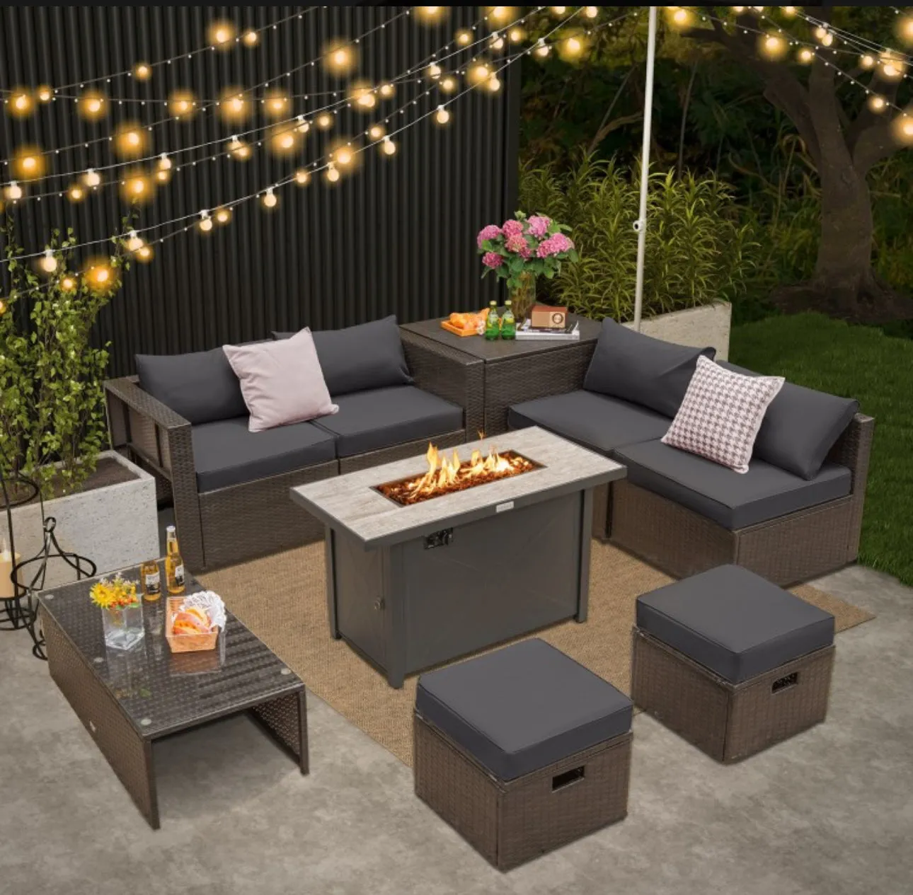 Elegant & Classy 9 Piece Set Outdoor Patio Furniture Set With 42 Inch Propane Fire Pit Table | Heavy Duty | Cover | Storage | In 6 Colours