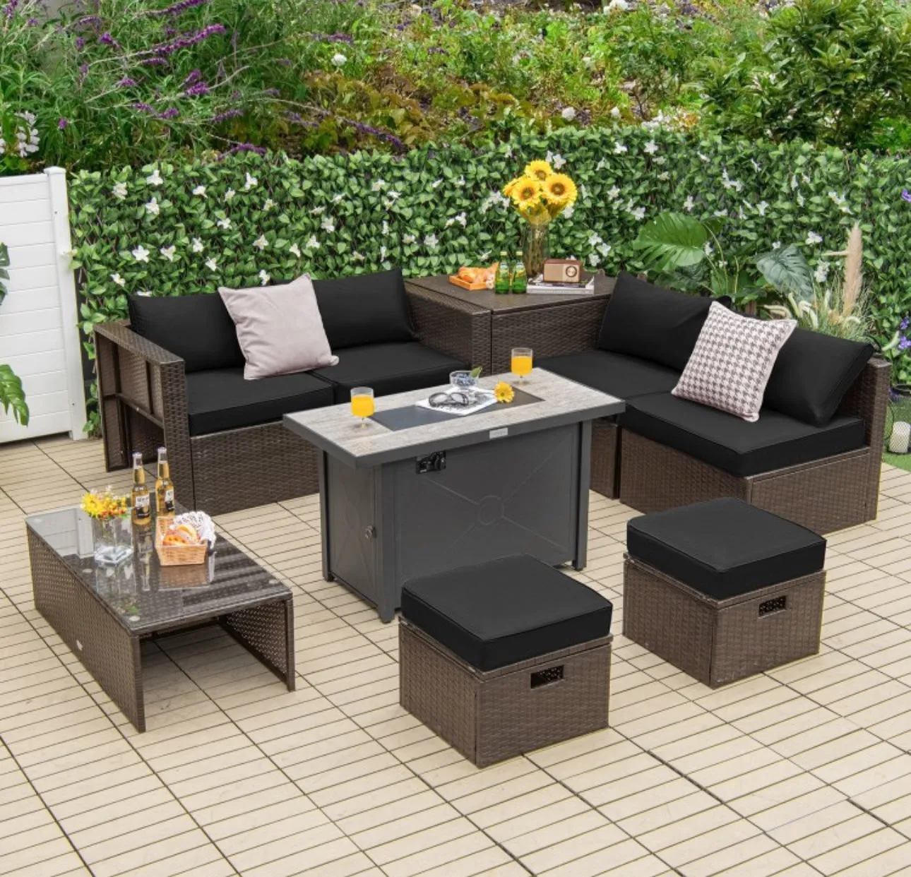 Elegant & Classy 9 Piece Set Outdoor Patio Furniture Set With 42 Inch Propane Fire Pit Table | Heavy Duty | Cover | Storage | In 6 Colours