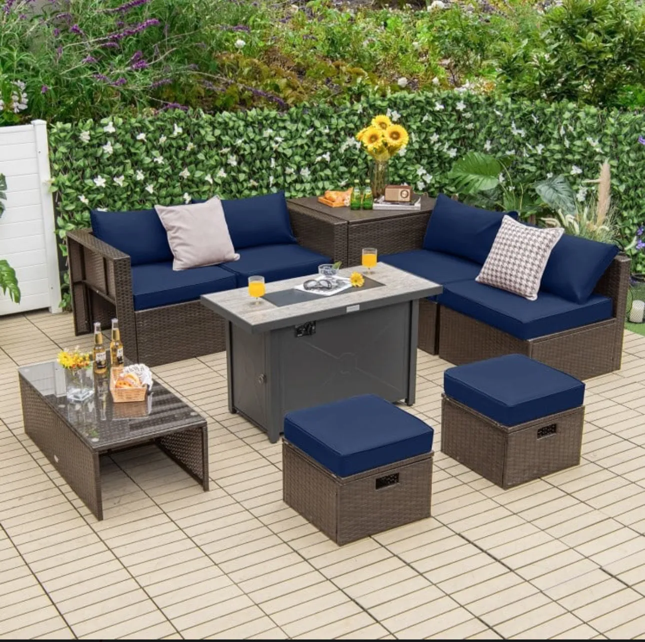 Elegant & Classy 9 Piece Set Outdoor Patio Furniture Set With 42 Inch Propane Fire Pit Table | Heavy Duty | Cover | Storage | In 6 Colours