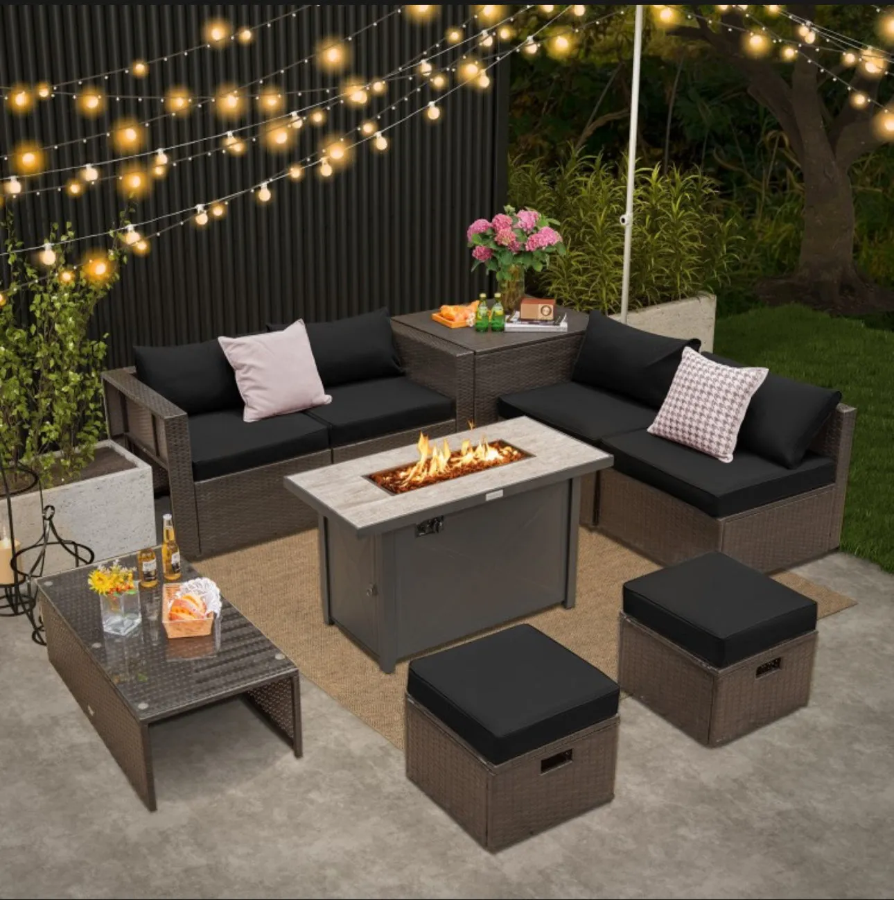 Elegant & Classy 9 Piece Set Outdoor Patio Furniture Set With 42 Inch Propane Fire Pit Table | Heavy Duty | Cover | Storage | In 6 Colours