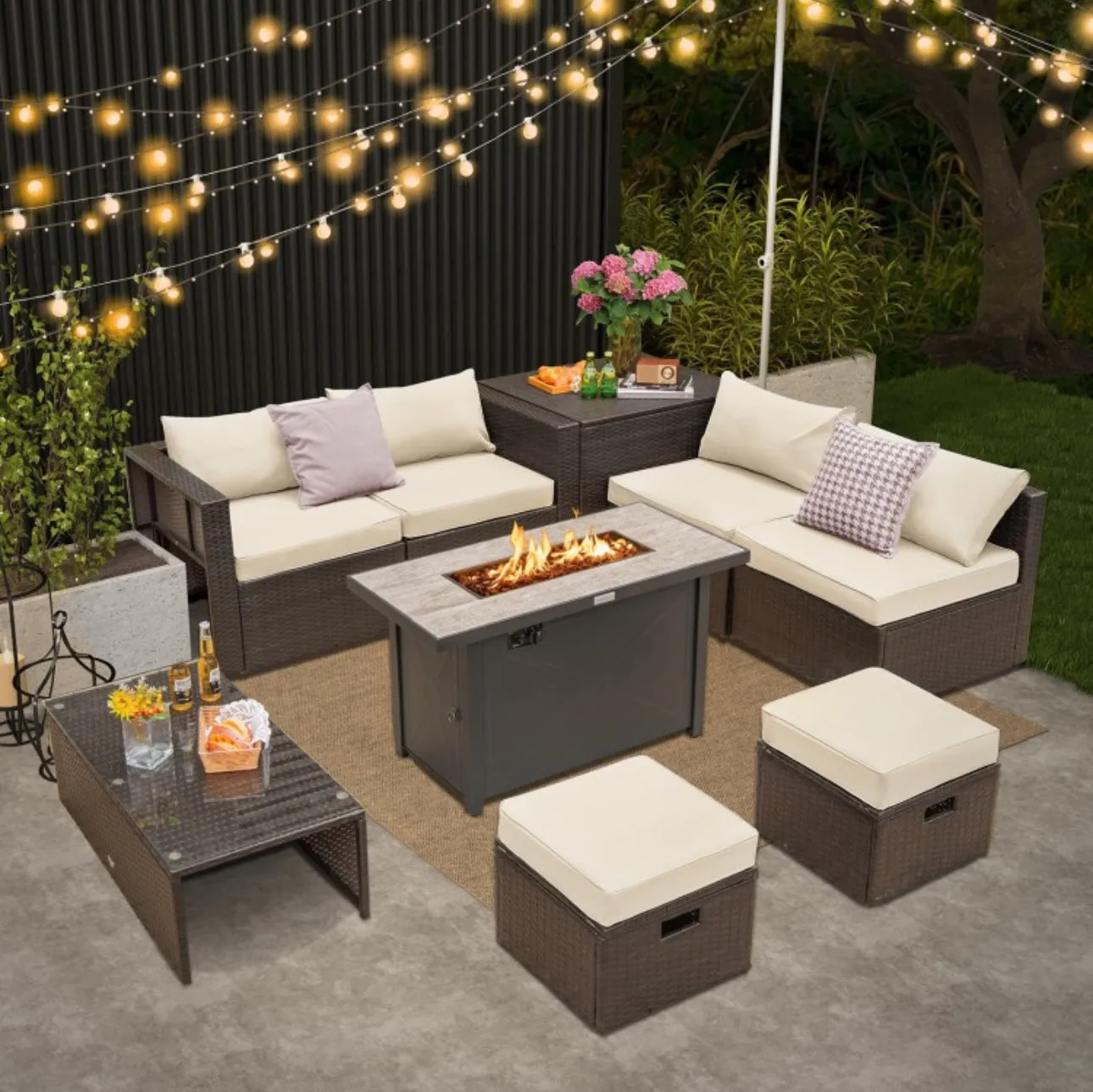 Elegant & Classy 9 Piece Set Outdoor Patio Furniture Set With 42 Inch Propane Fire Pit Table | Heavy Duty | Cover | Storage | In 6 Colours