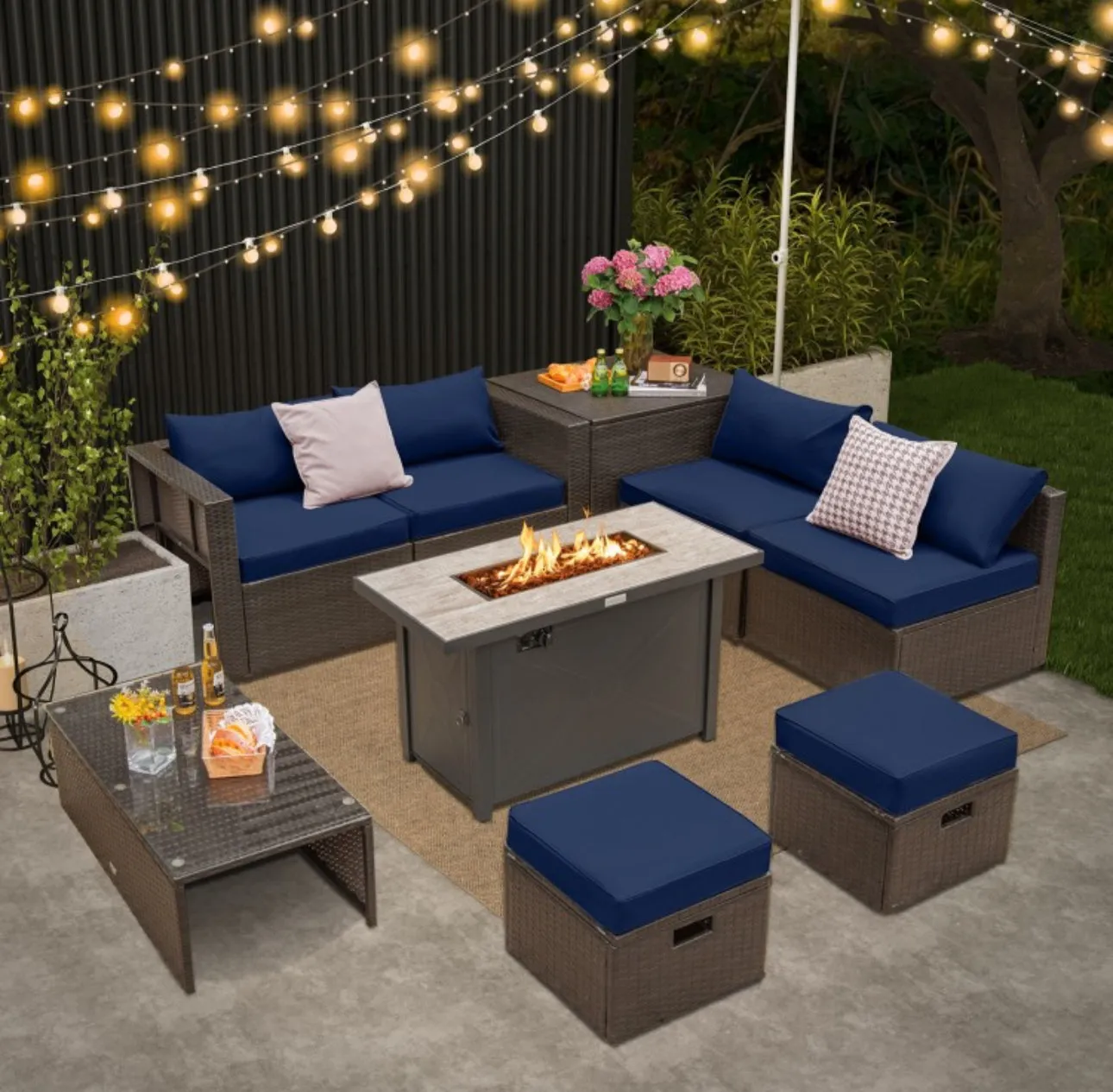 Elegant & Classy 9 Piece Set Outdoor Patio Furniture Set With 42 Inch Propane Fire Pit Table | Heavy Duty | Cover | Storage | In 6 Colours