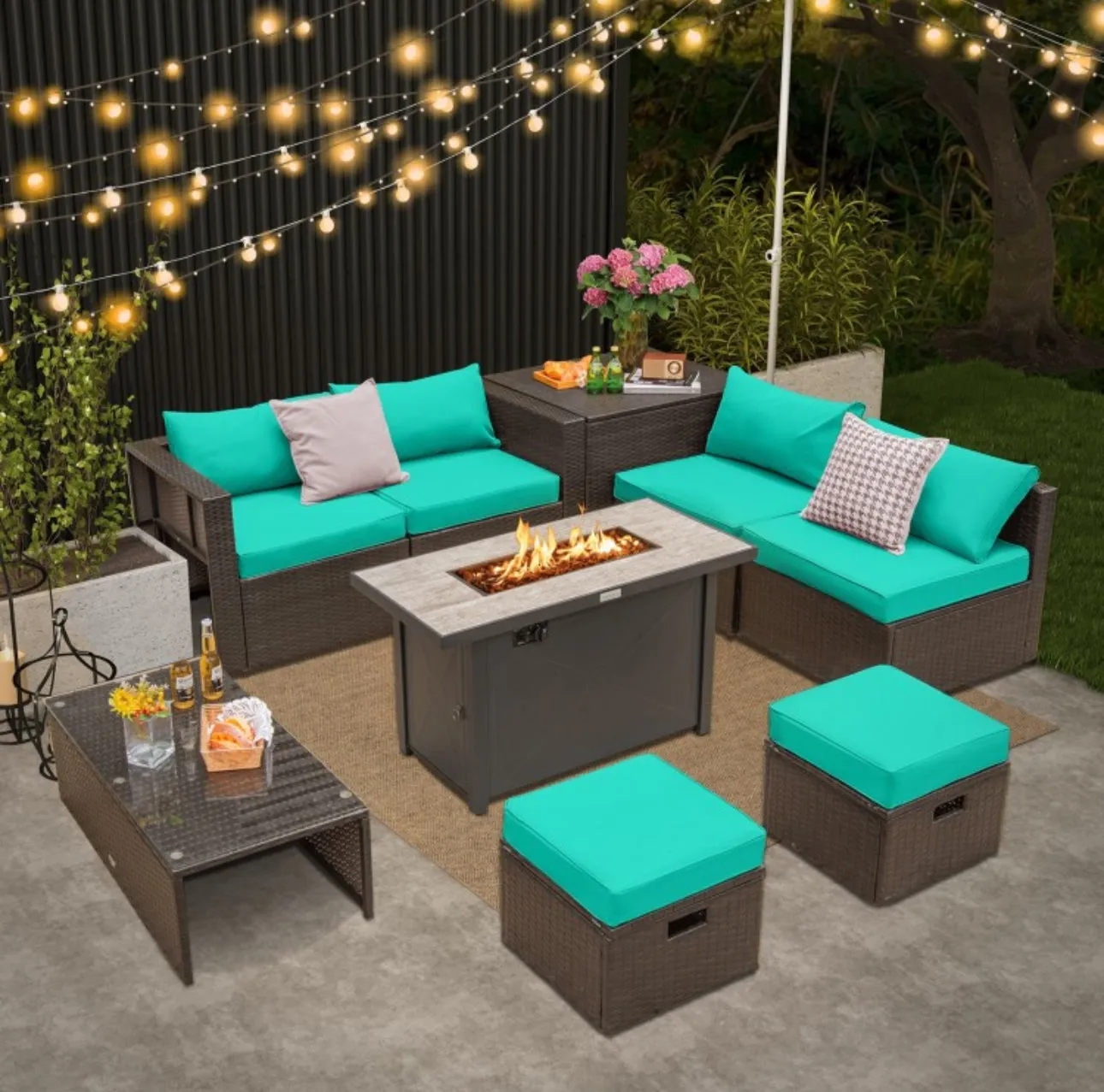 Elegant & Classy 9 Piece Set Outdoor Patio Furniture Set With 42 Inch Propane Fire Pit Table | Heavy Duty | Cover | Storage | In 6 Colours