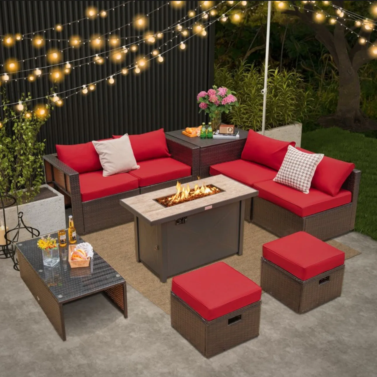 Elegant & Classy 9 Piece Set Outdoor Patio Furniture Set With 42 Inch Propane Fire Pit Table | Heavy Duty | Cover | Storage | In 6 Colours