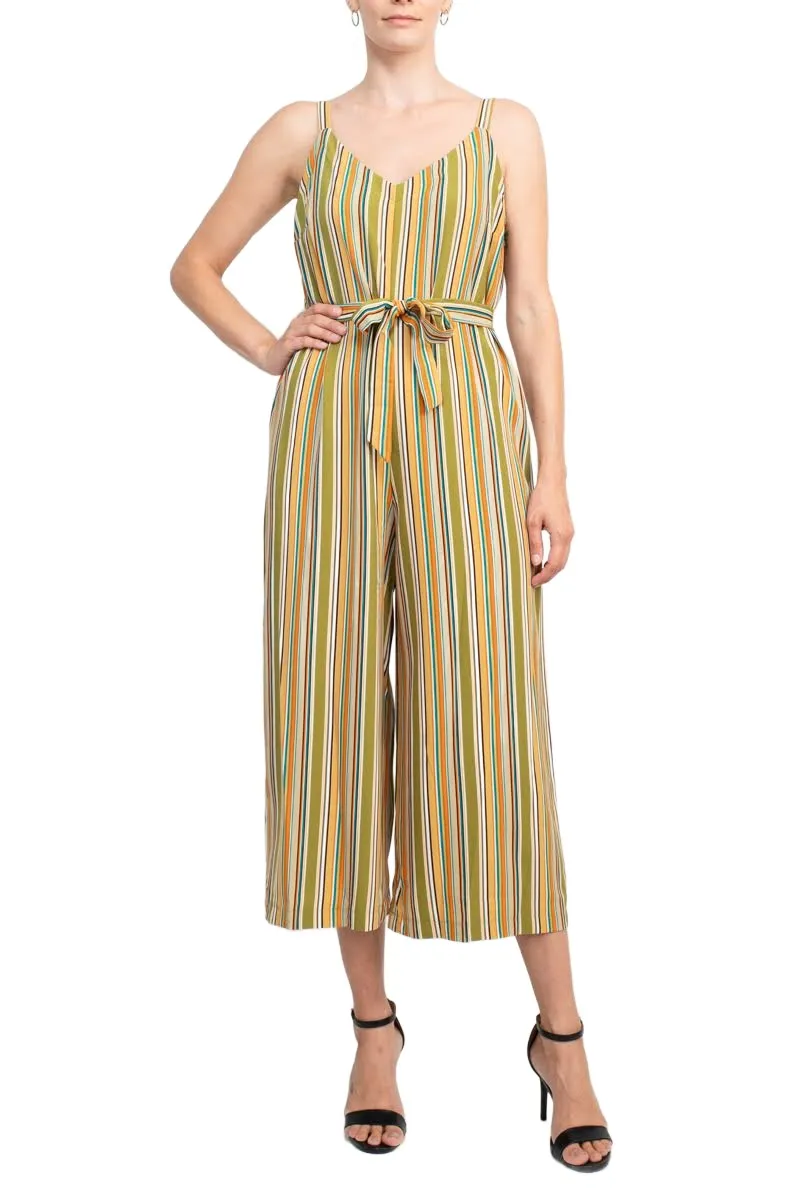 Emma & Michele Banded Strap V-Neck Side Button Zipper Back Tie Waist Stripe Print Crepe Jumpsuit