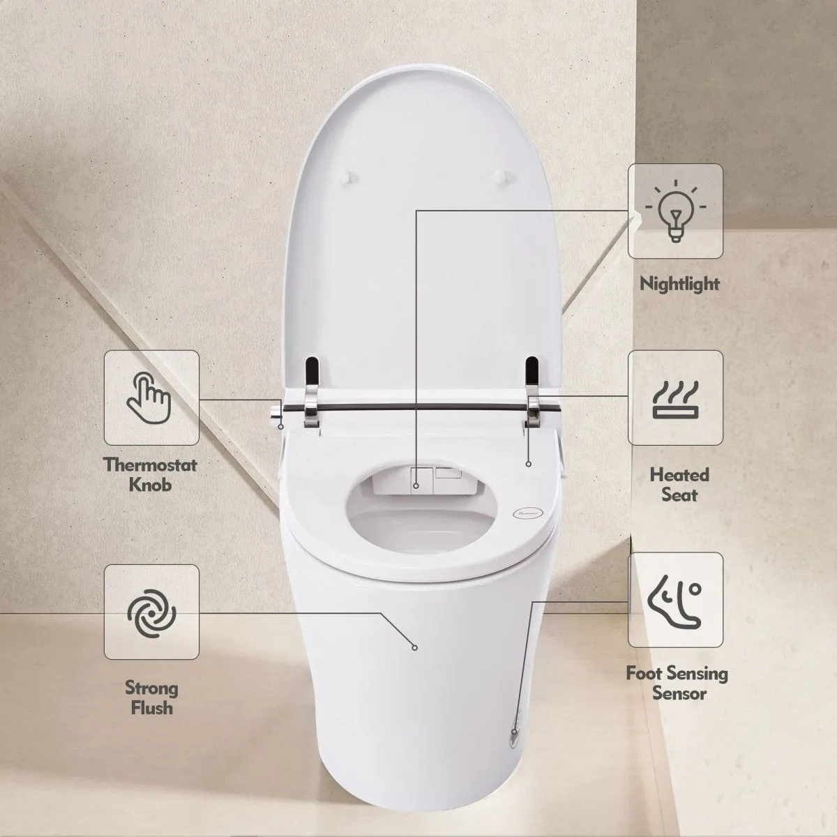 ExBrite Smart Toilet, Dual Flush 1-1.28 GPF, Tank less with Adjustable Temp Heated Seat, Foot sensor, Night Light,Power Outage Flushing