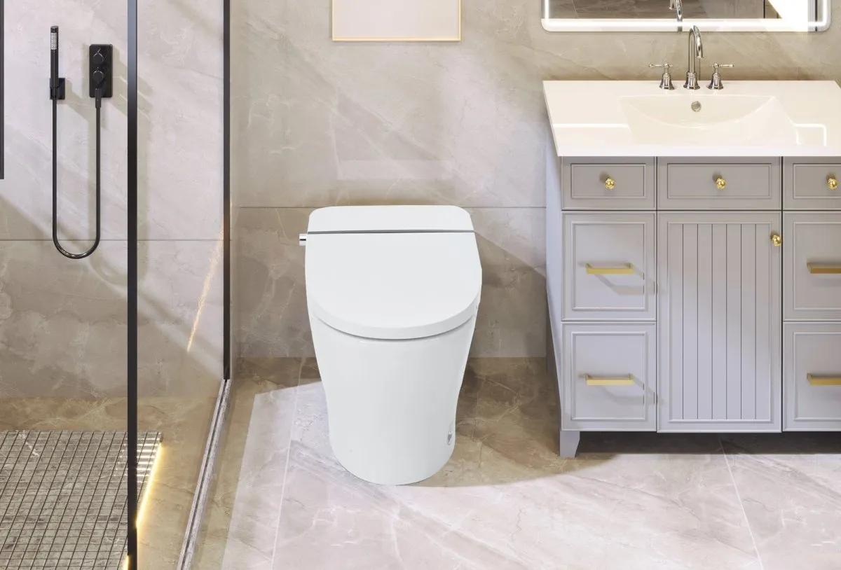 ExBrite Smart Toilet, Dual Flush 1-1.28 GPF, Tank less with Adjustable Temp Heated Seat, Foot sensor, Night Light,Power Outage Flushing