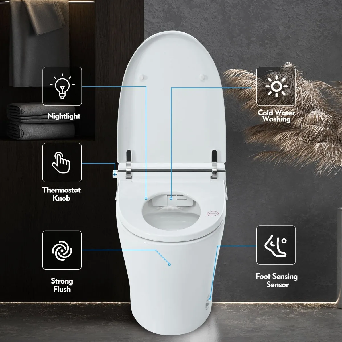 ExBrite Smart Toilet,Bidet with Self-Cleaning Nozzle,Dual Flush 1-1.28 GPF,Clear at room temperature,Knob Control,Power Outage Flushing,Soft Close