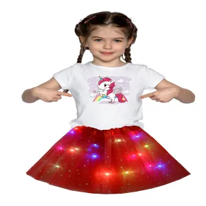 FancyDressWale Unicorn Red Tutu LED Skirt and Top Birthday Dress for Girls-B7